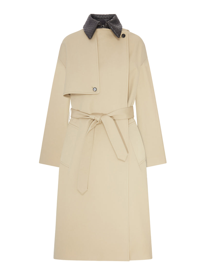 Bottega Veneta Women Cotton Trench Coat With Woven Leather Collar