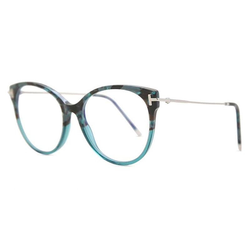 Tom Ford Tom Ford Eyeglasses Round Full Rim, Teal Havana Frame and Clear/Blue-light Block Lenses Lens FT5770-B056
