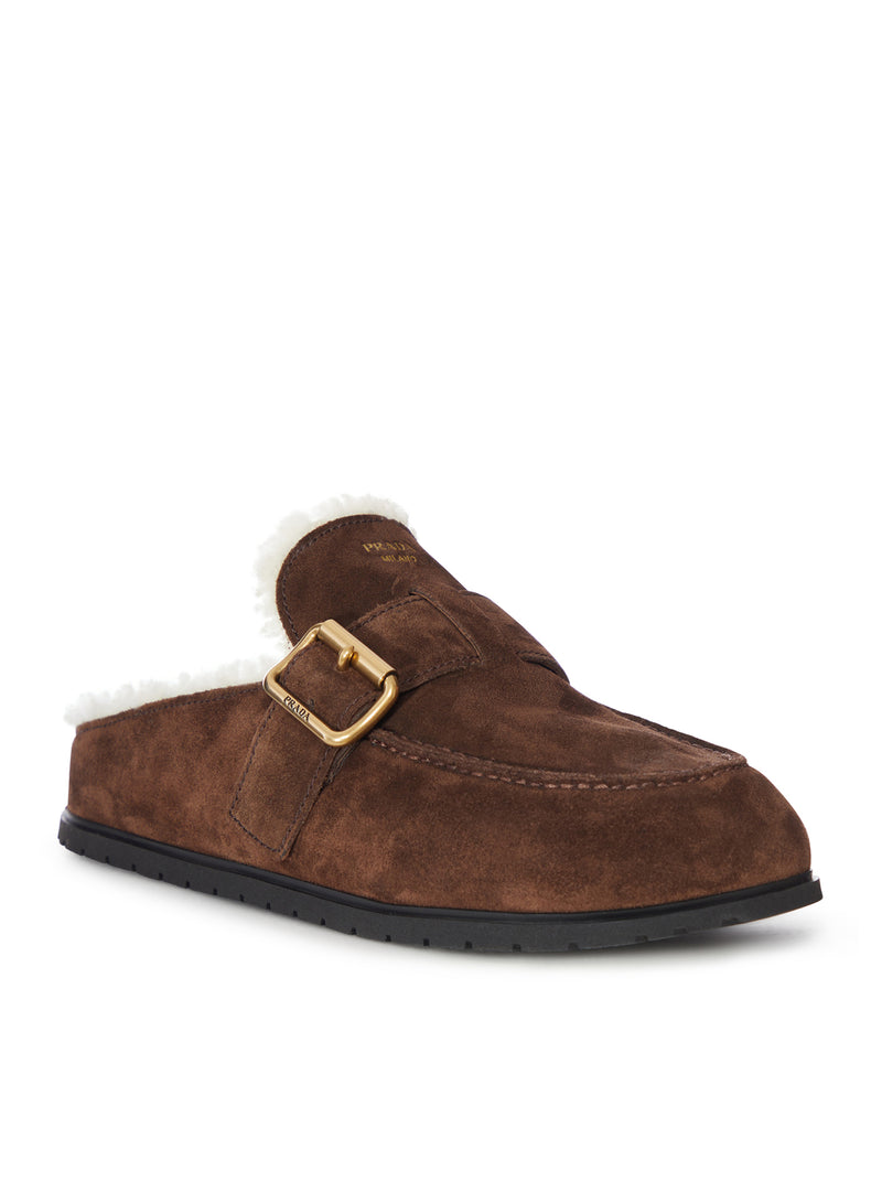 Prada Prada Women Suede And Shearling Mule With Buckle