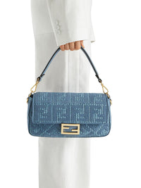 Fendi Women Baguette Bag In Woven Raffia With Blue Ff Embroidery