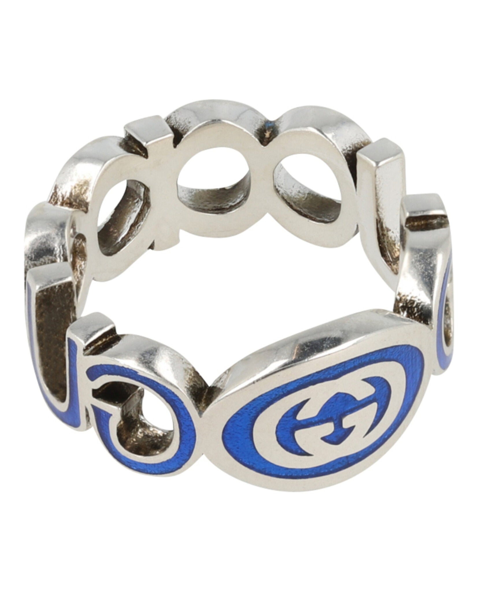 Gucci Mens Sterling Silver Interlocking G Ring Silver Blue