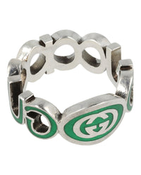 Gucci Mens Sterling Silver Interlocking G Ring Silver Green