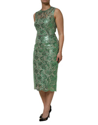 Dolce & Gabbana Green Cotton Floral Lace Sheath Midi Women's Dress