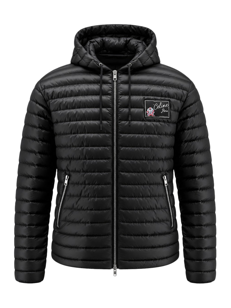 Celine Men Hooded Down Jacket With Logo Patch