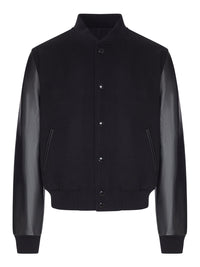 Celine Men Varsity Cloth Bomber Jacket With Leather Sleeves