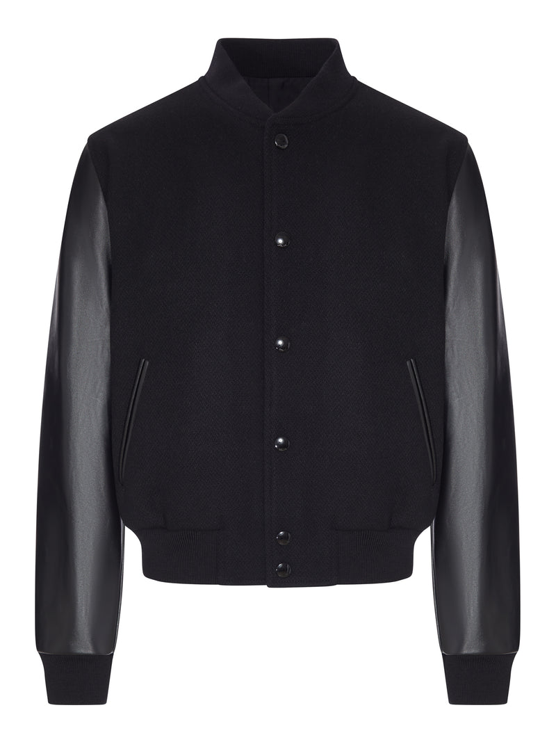 Celine Men Varsity Cloth Bomber Jacket With Leather Sleeves