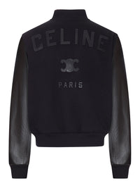 Celine Men Varsity Cloth Bomber Jacket With Leather Sleeves