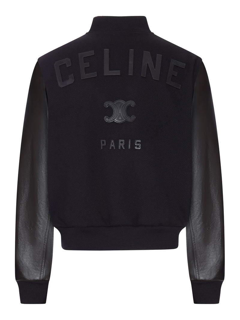 Celine Men Varsity Cloth Bomber Jacket With Leather Sleeves