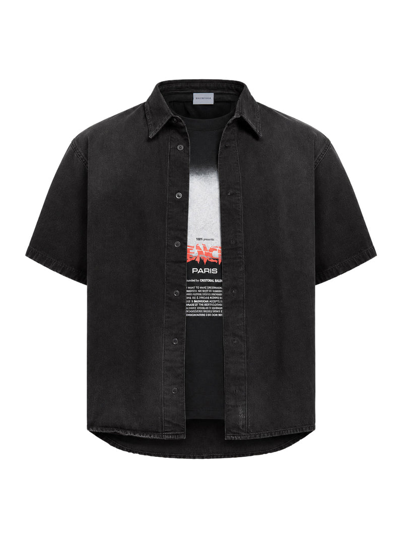 Balenciaga Balenciaga Men "The Door" Short-Sleeve Hybrid Shirt In Black Denim