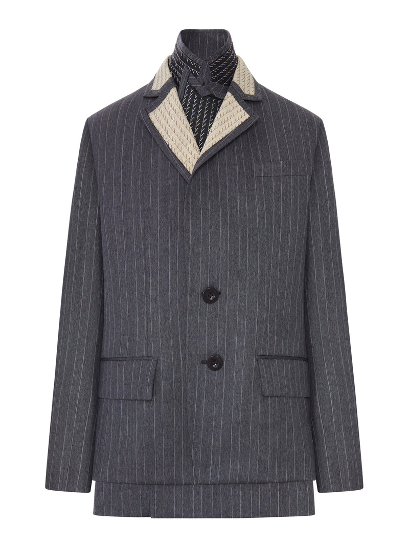 Sacai Women Pinstriped Blazer With Contrasting Lapels And Embroidered Details