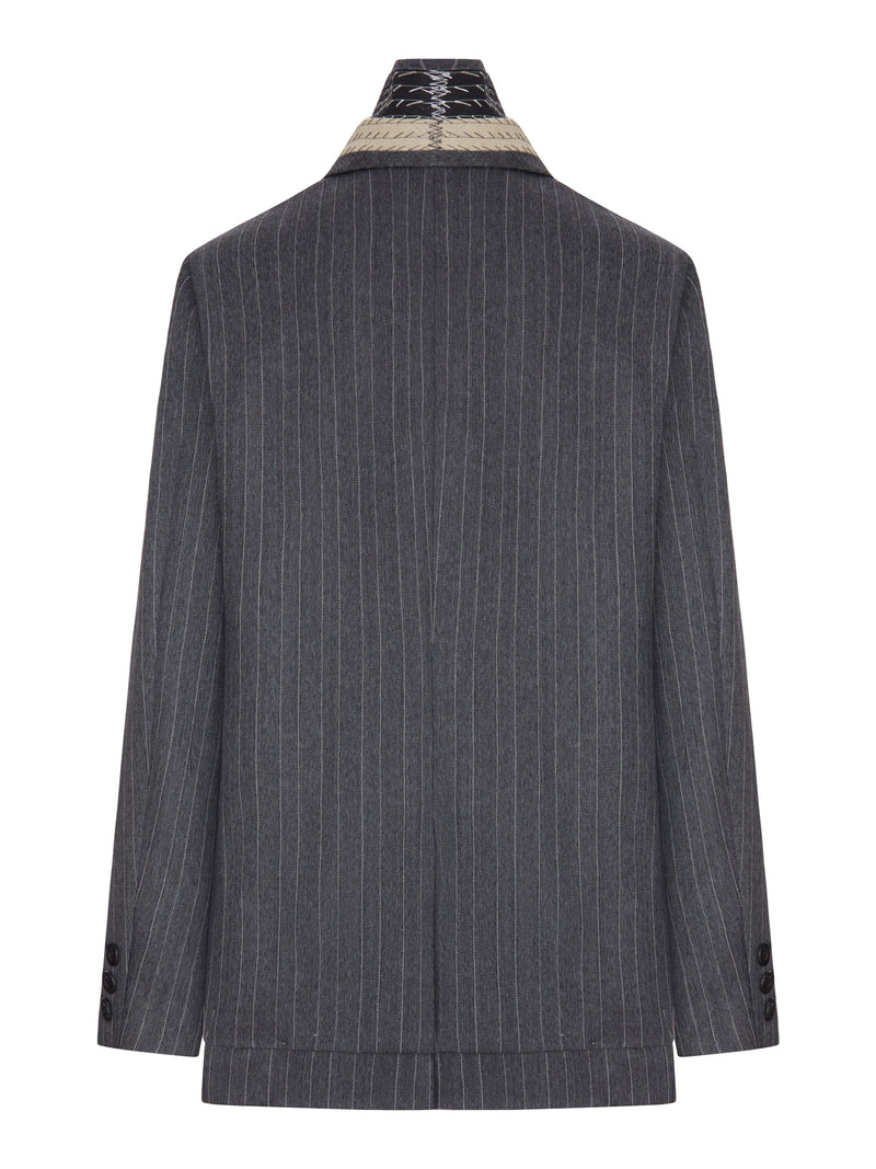 Sacai Women Pinstriped Blazer With Contrasting Lapels And Embroidered Details