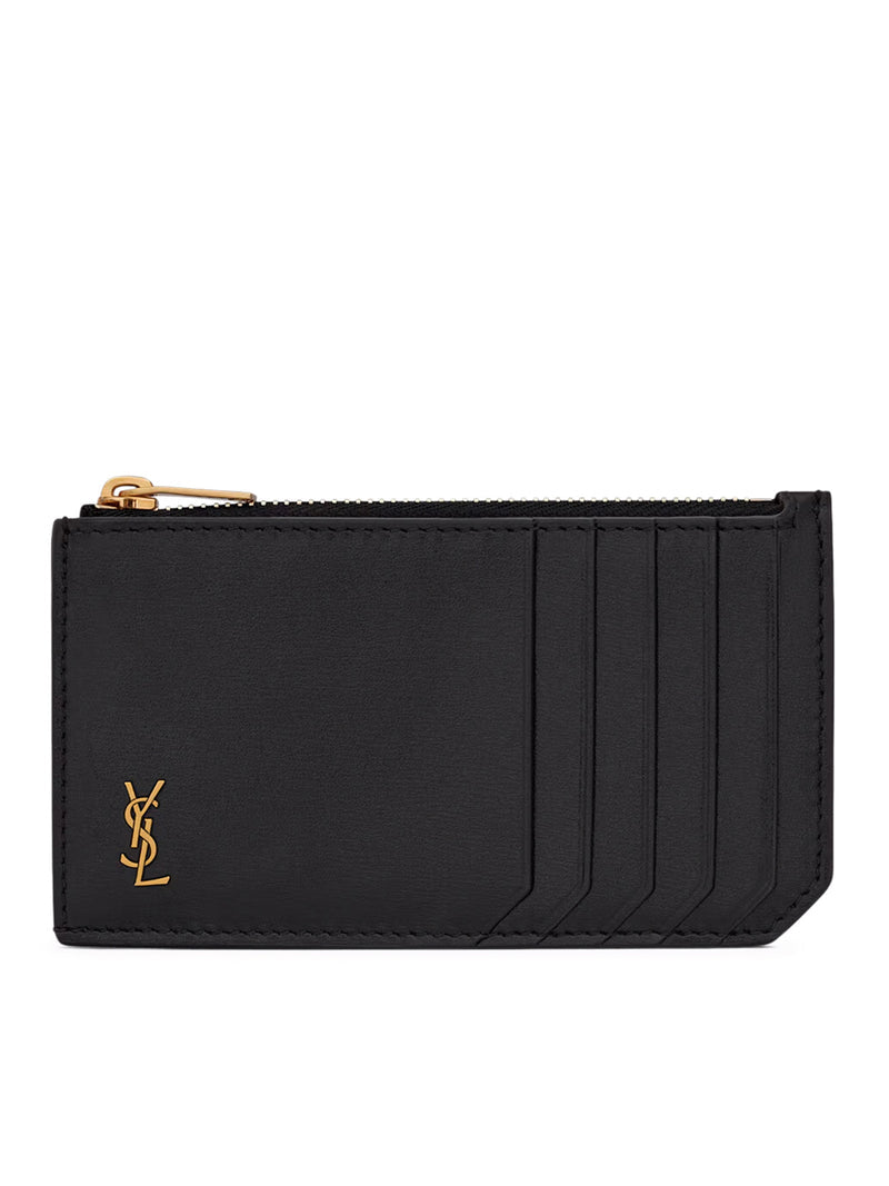 Saint Laurent Saint Laurent Men Fragments Tiny Cassandre Zipped Card Holder In Glossy Leather