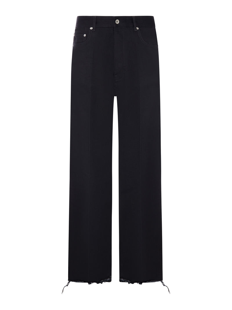 Rick Owens Men Wide Leg Jeans In Cerat Denim With Frayed Hem
