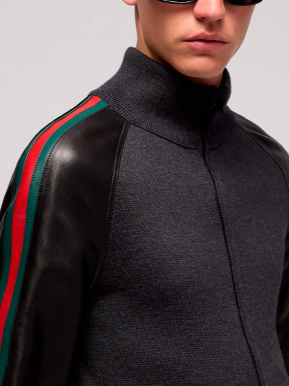 Gucci Men Wool Zip Jacket With Leather Sleeves