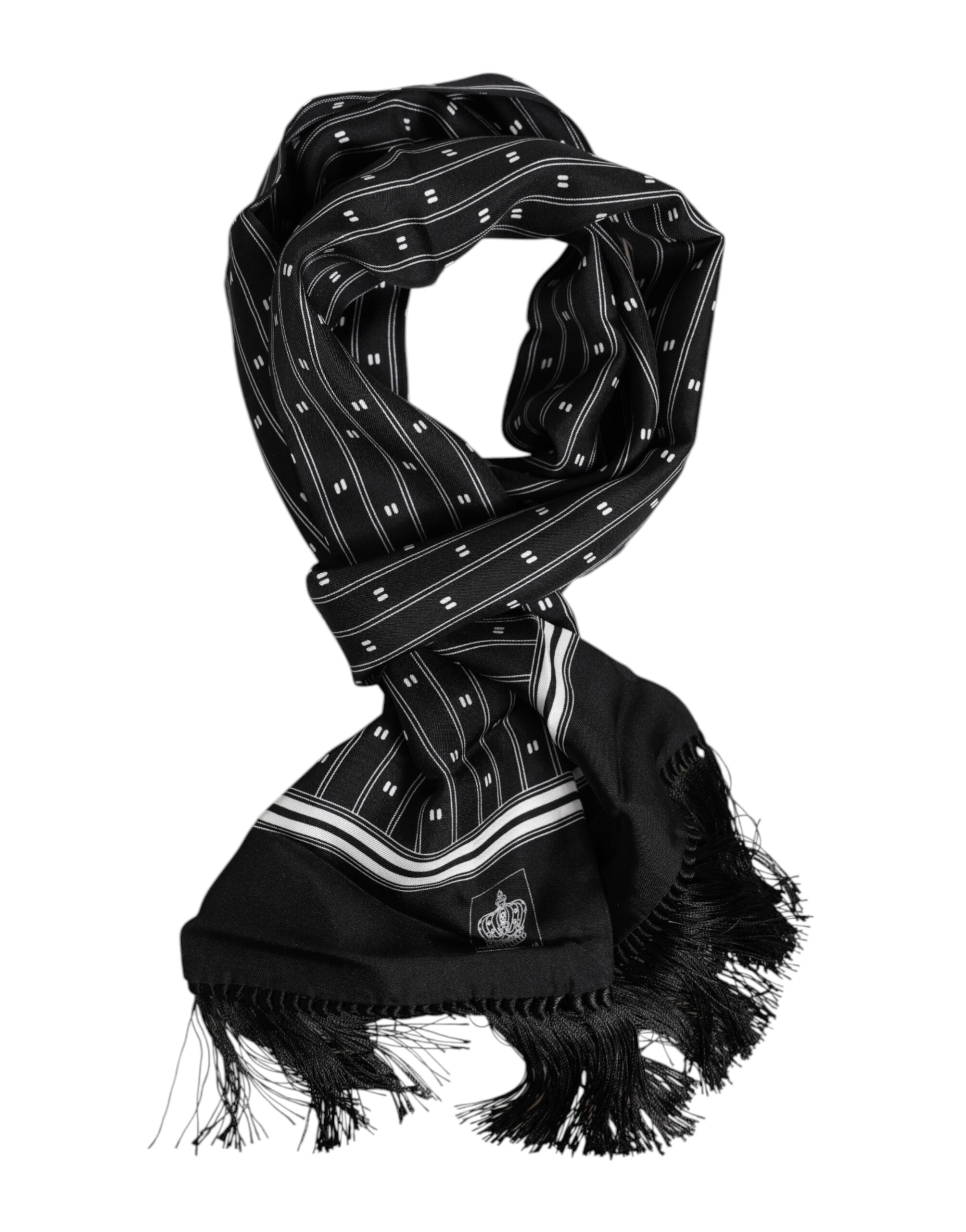 Dolce & Gabbana Black Silk Printed Fringes Men Foulard Men's Scarf
