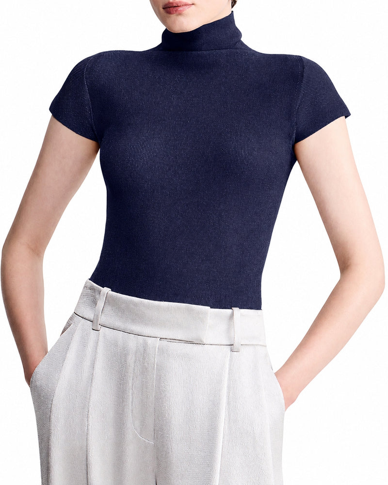 Giorgio Armani Women English Ribbed Viscose Turtleneck Top With Short Sleeves