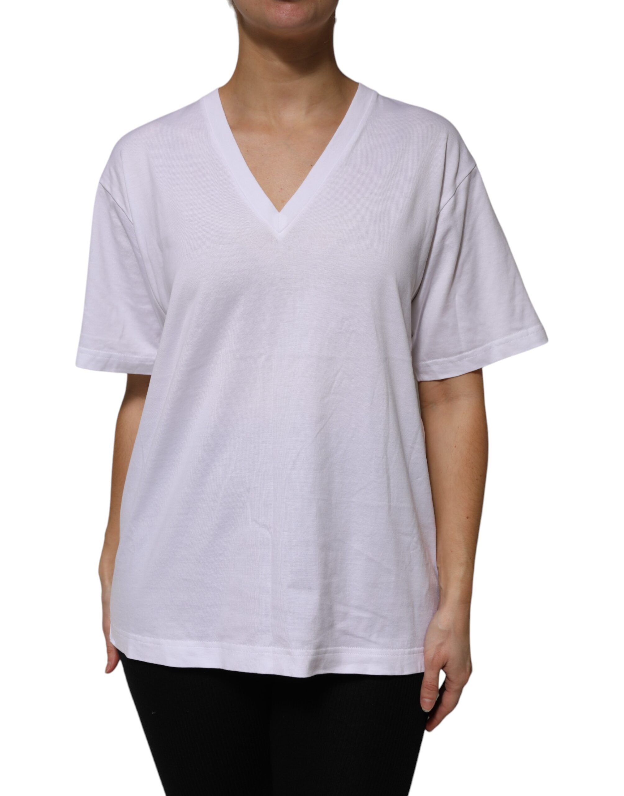 Dolce & Gabbana White Cotton Short Sleeves V-neck Women's T-shirt