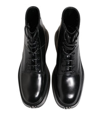 Dolce & Gabbana Black Leather Logo Ankle Boots Lace Up Men's Shoes