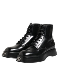 Dolce & Gabbana Black Leather Logo Ankle Boots Lace Up Men's Shoes