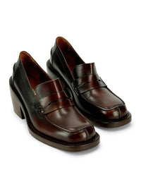 Dries Van Noten Women Leather Penny Loafers With A Square Toe, Rounded Block Heel, And Shaded Effect