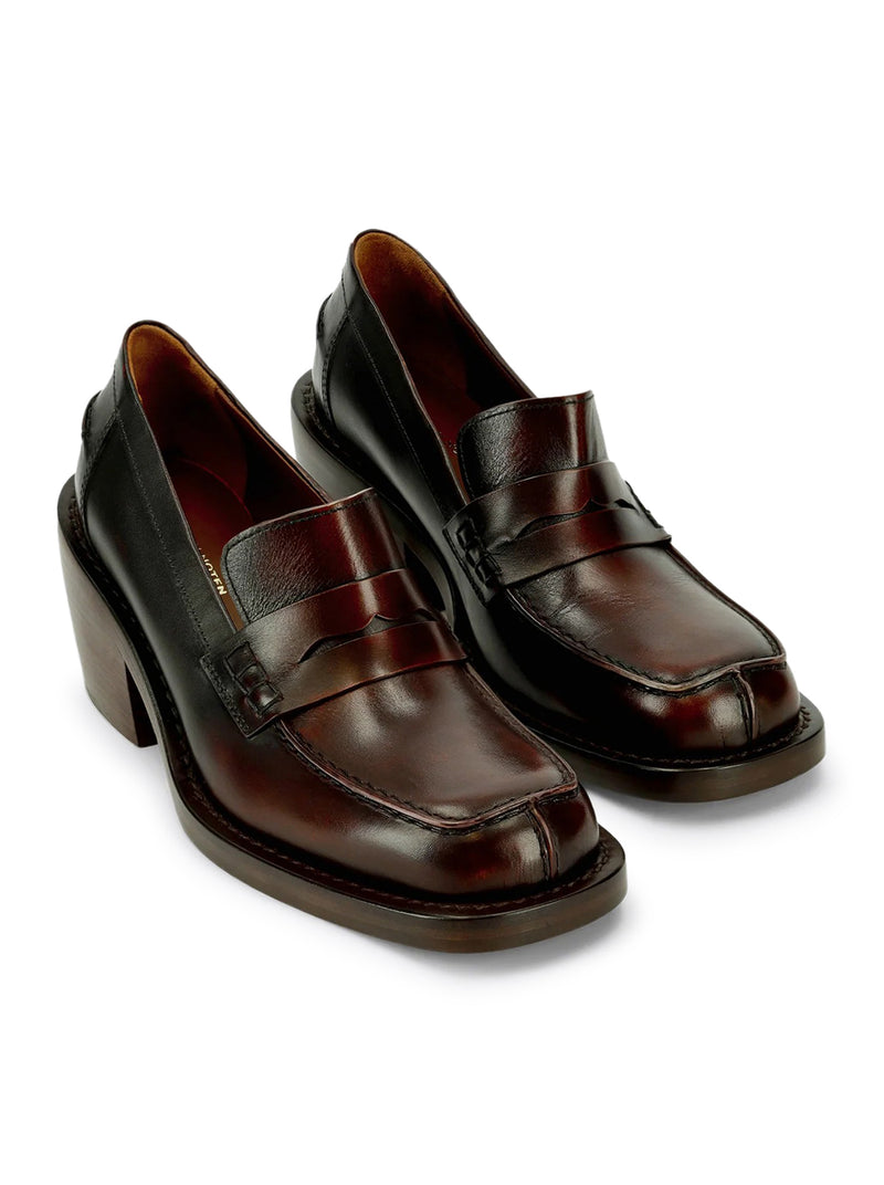 Dries Van Noten Women Leather Penny Loafers With A Square Toe, Rounded Block Heel, And Shaded Effect