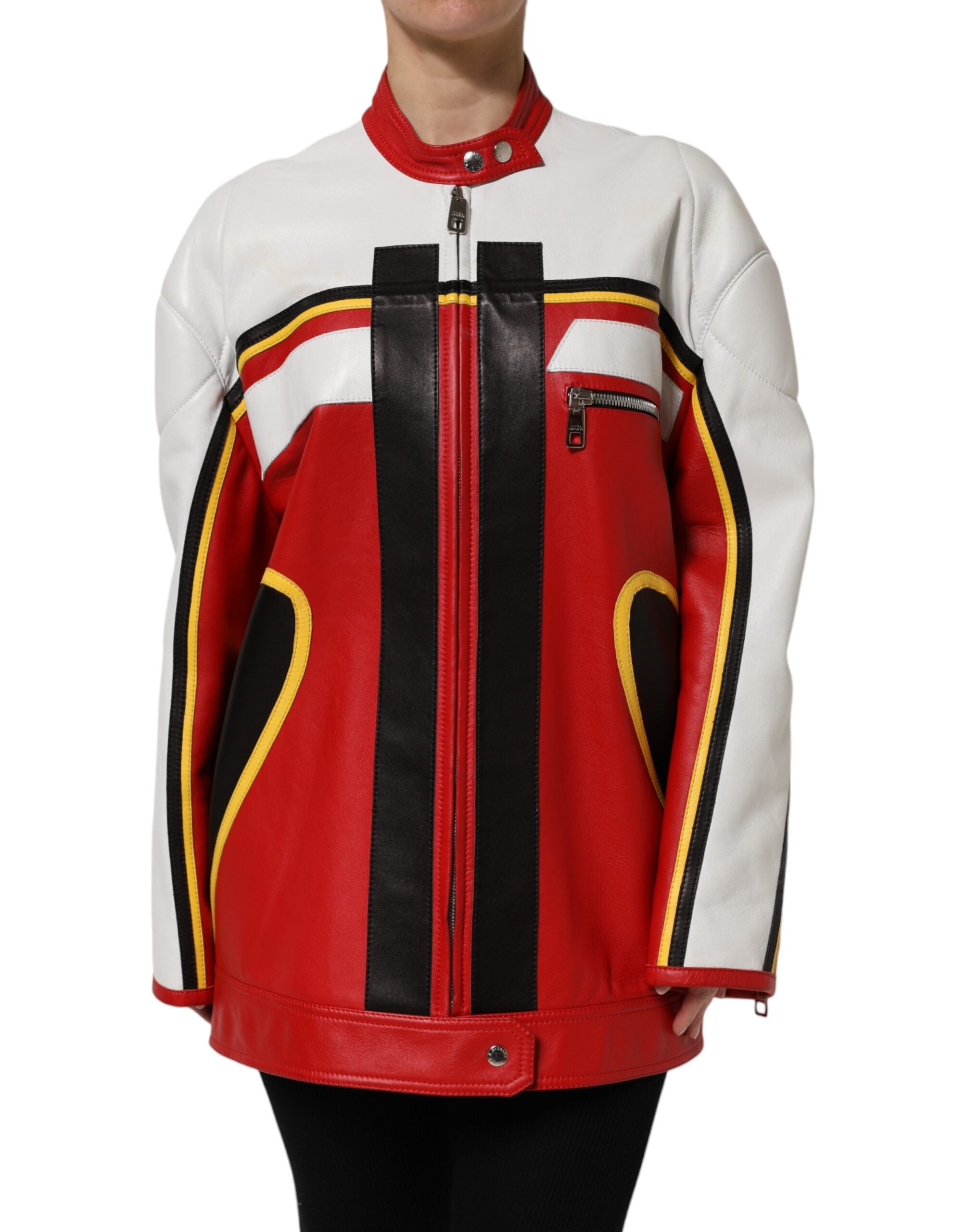 Dolce & Gabbana Dolce & Gabbana Multicolor Leather Biker Full Zip Coat Women's Jacket