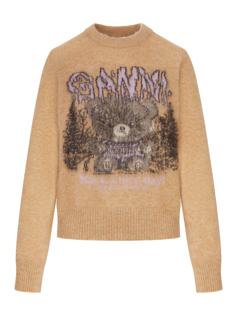 Ganni Women Crewneck Knit Sweater With Front Graphic Intarsia