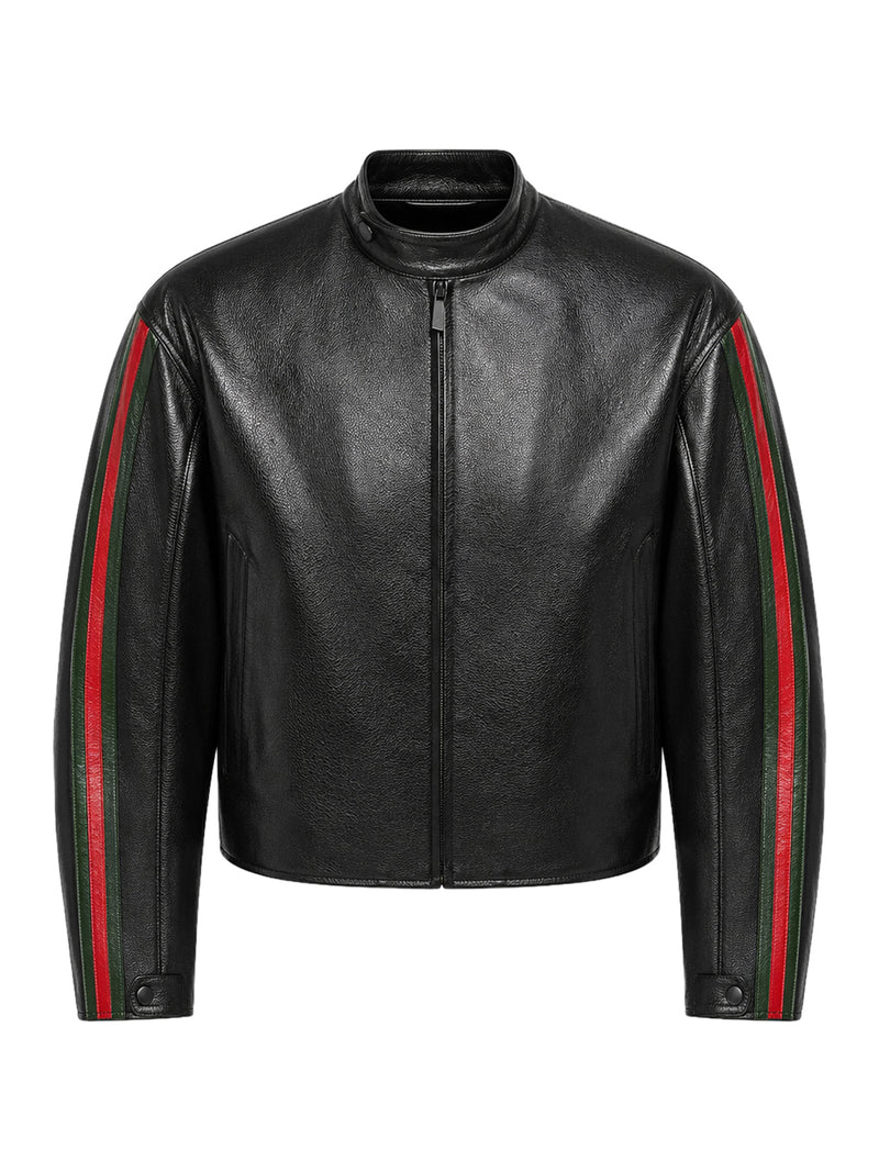 Gucci Gucci Men Leather Biker Jacket With Web Detail