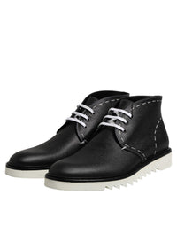 Dolce & Gabbana Black White Leather Ankle Boots Men's Shoes