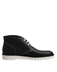 Dolce & Gabbana Black White Leather Ankle Boots Men's Shoes