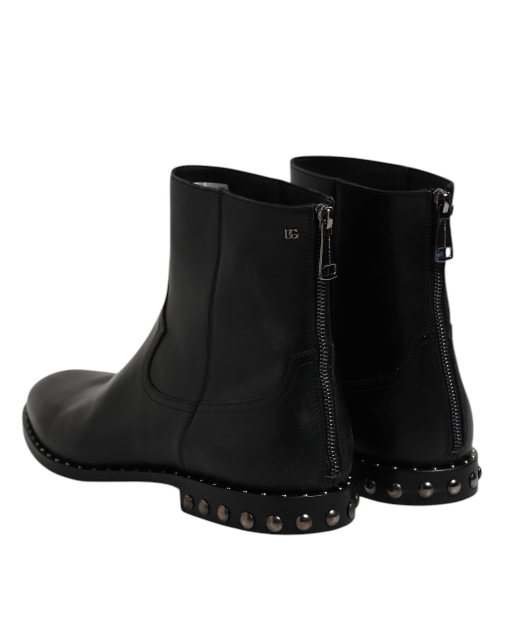 Dolce & Gabbana Black Leather Logo Ankle Boots Studded Men's Shoes