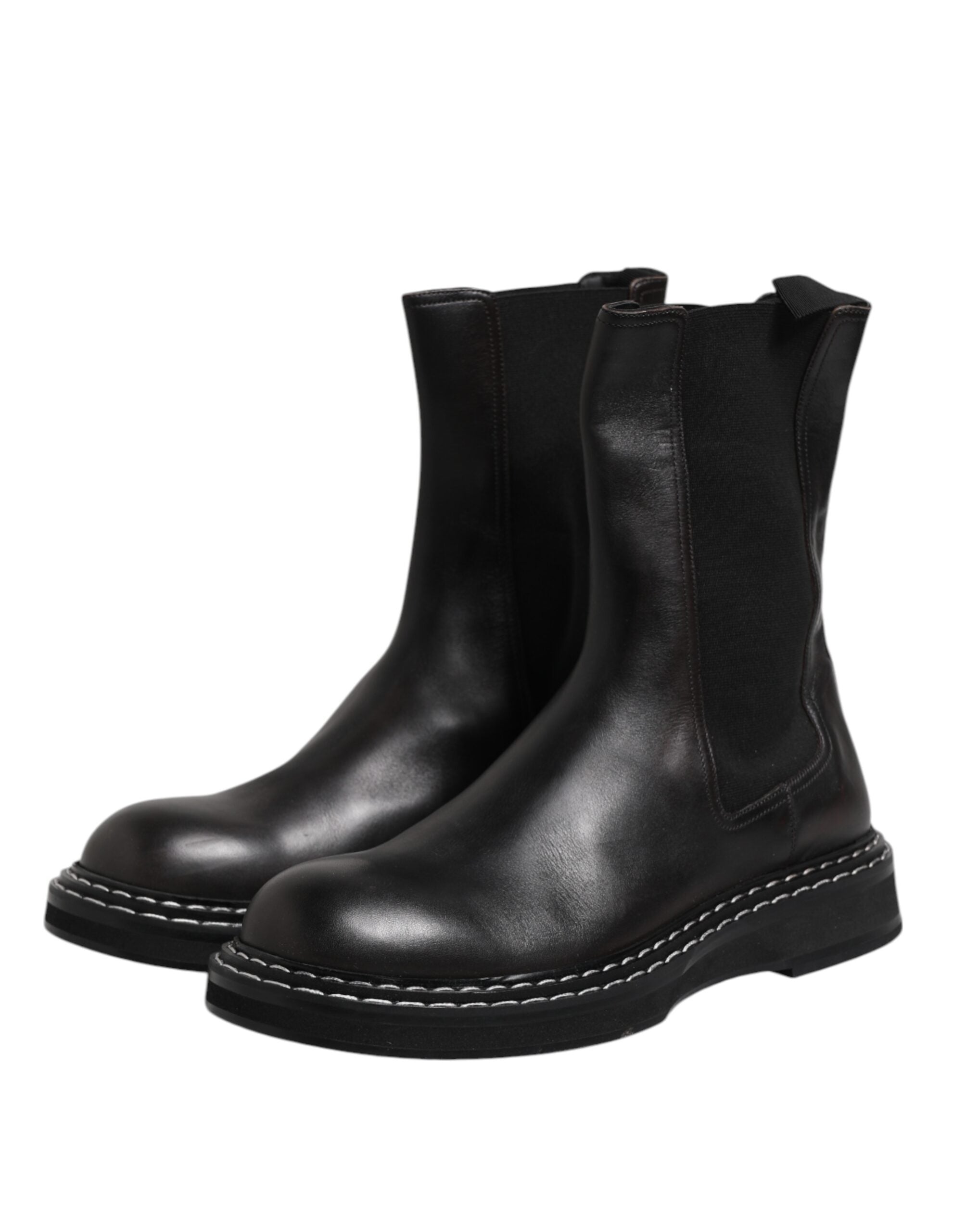 Dolce & Gabbana Black Leather Mid Calf Boots Flats Men's Shoes