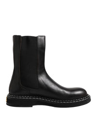 Dolce & Gabbana Black Leather Mid Calf Boots Flats Men's Shoes