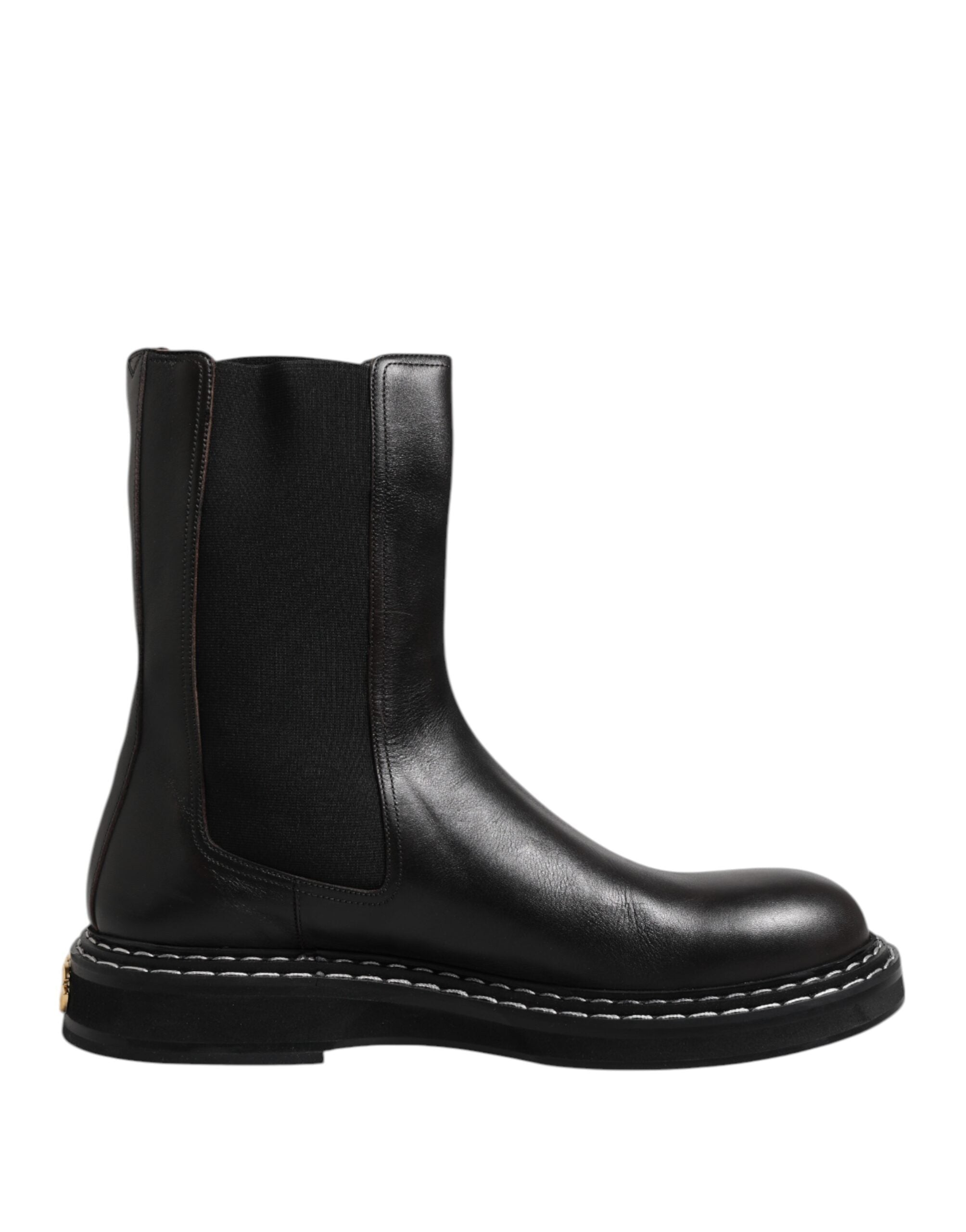 Dolce & Gabbana Black Leather Mid Calf Boots Flats Men's Shoes
