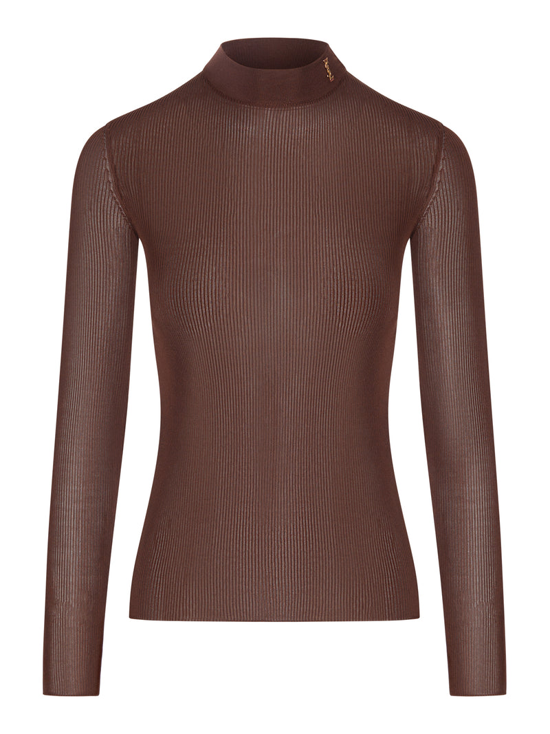 Saint Laurent Women Ribbed Silk Cassandre Top With A High Neck