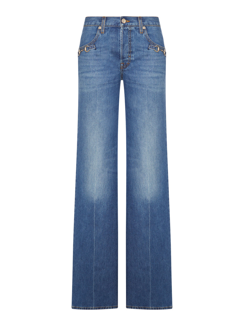 Gucci Women Cotton Denim Bootcut Trousers With Horsebit Detail