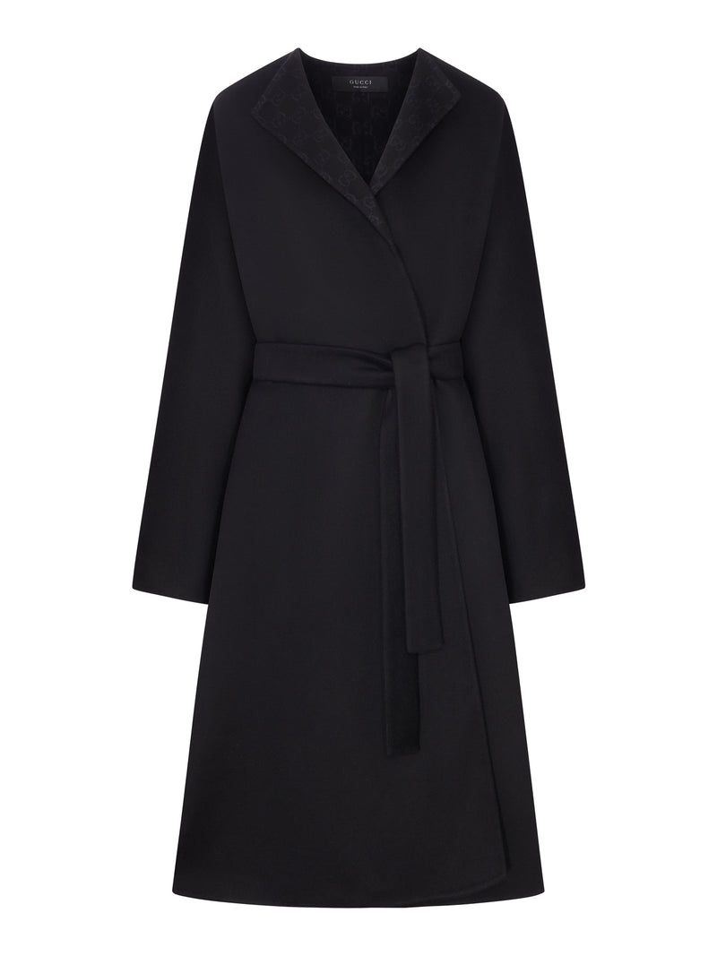Gucci Women Long Silk And Wool Coat With Gg Lining