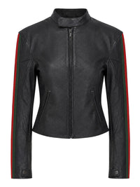 Gucci Women Leather Biker Jacket With Web Stripe
