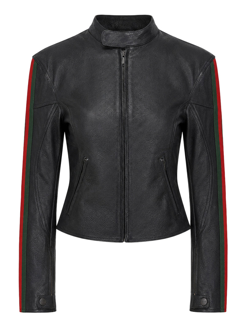 Gucci Women Leather Biker Jacket With Web Stripe