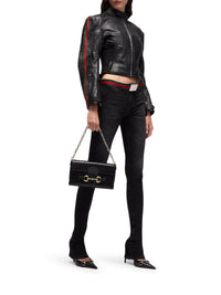 Gucci Women Leather Biker Jacket With Web Stripe