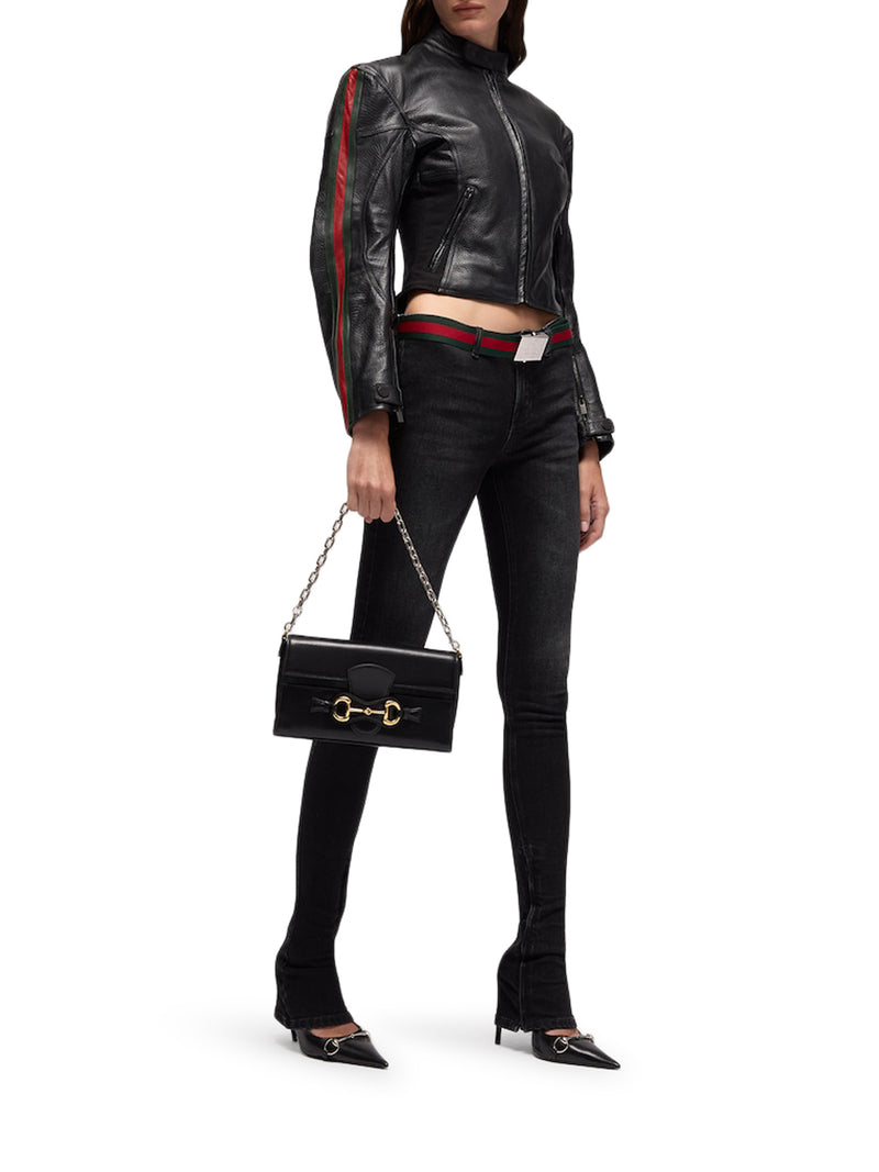 Gucci Women Leather Biker Jacket With Web Stripe