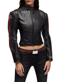 Gucci Women Leather Biker Jacket With Web Stripe