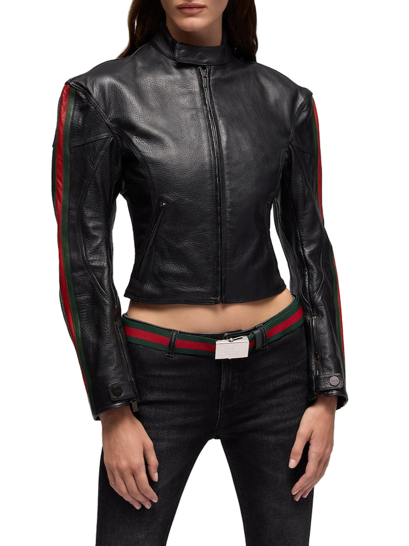 Gucci Women Leather Biker Jacket With Web Stripe