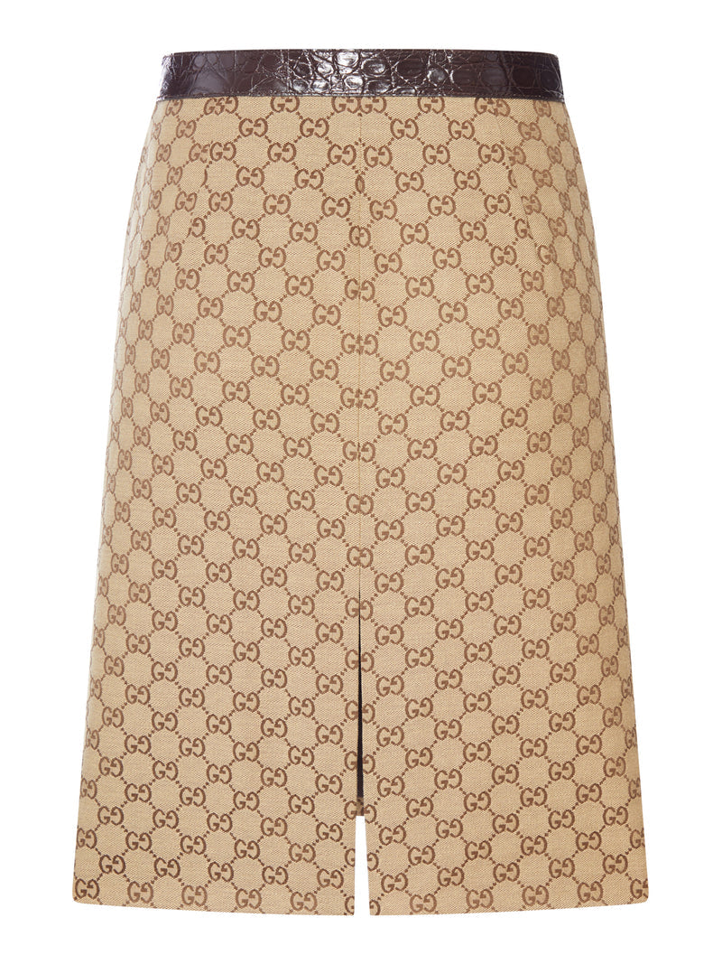 Gucci Gucci Women Gg Canvas Midi Skirt With Caiman Leather Inserts