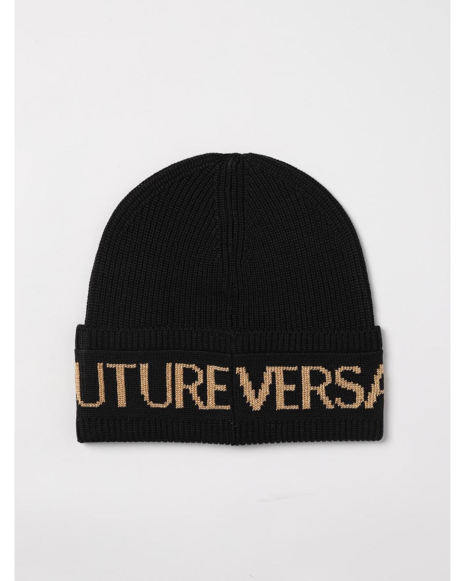 Versace Jeans Couture Rib Knit Beanie with Logo Men Black Hats One Size Black