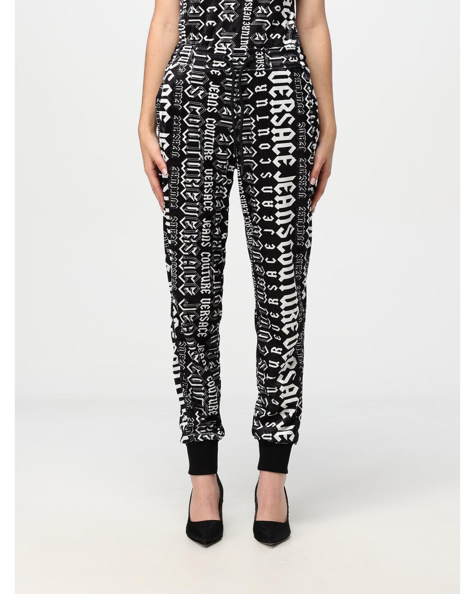 Versace Jeans Couture Velour Pants Logo Print Women Black Regular 6 (S) Black
