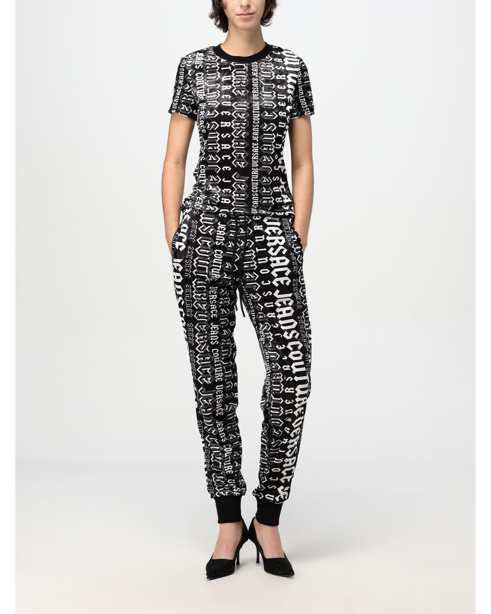 Versace Jeans Couture Velour Pants Logo Print Women Black