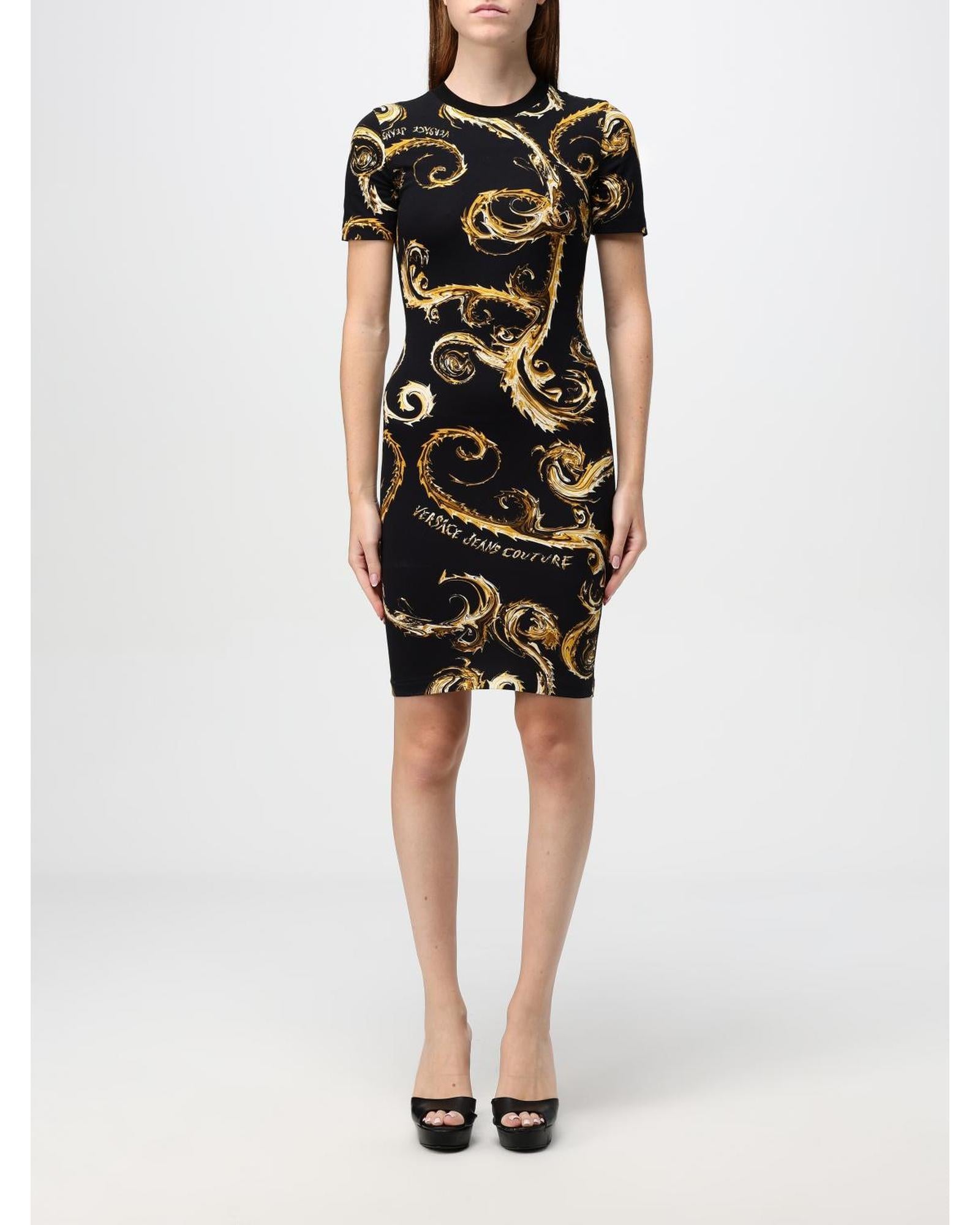 Versace Jeans Couture Baroque Print Bodycon Mini Dress Women Black Dresses