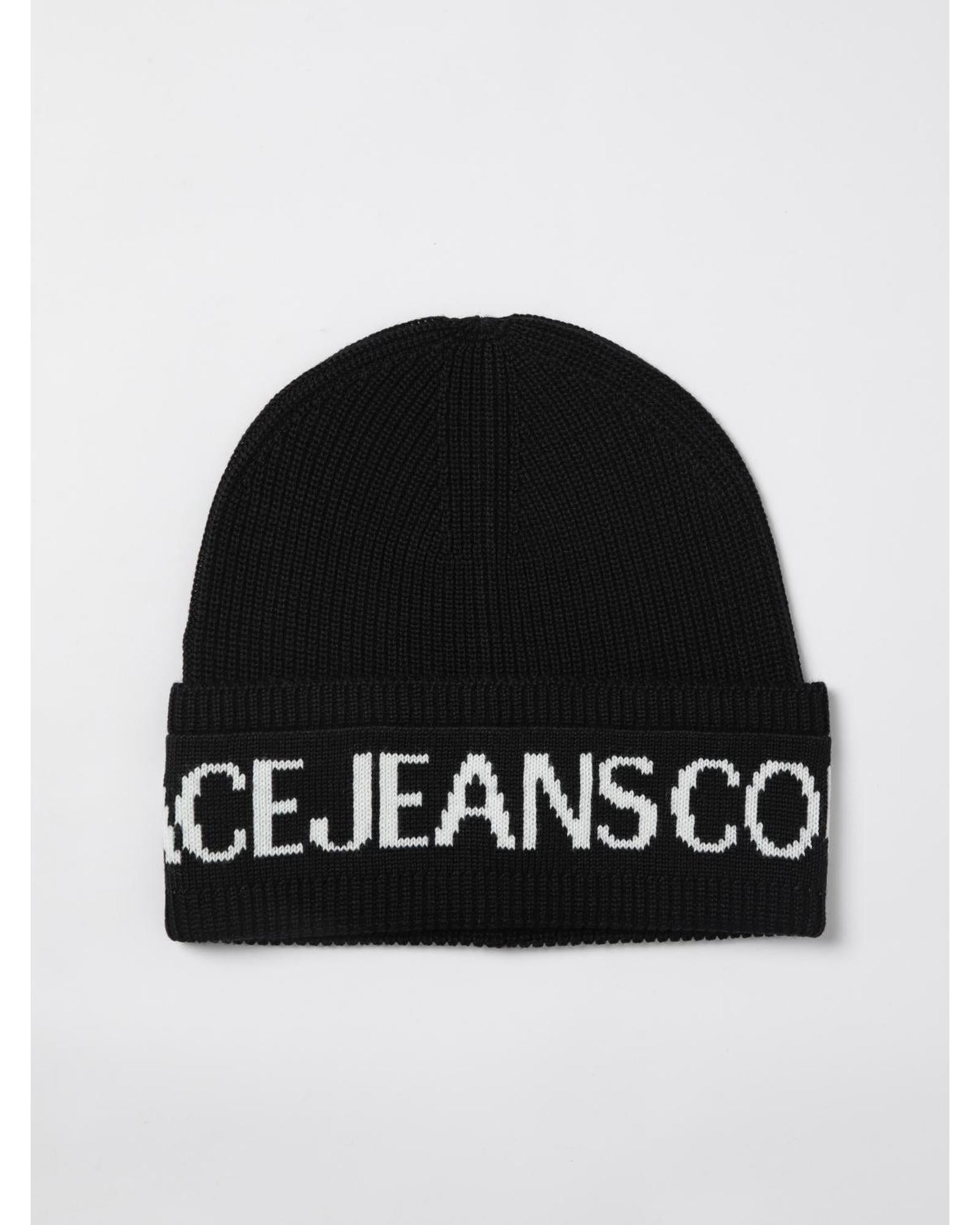 Versace Jeans Couture Ribbed Knit Beanie with Logo Band Women Black Hats One Size Black