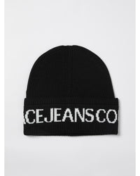 Versace Jeans Couture Ribbed Knit Beanie with Logo Band Women Black Hats One Size Black